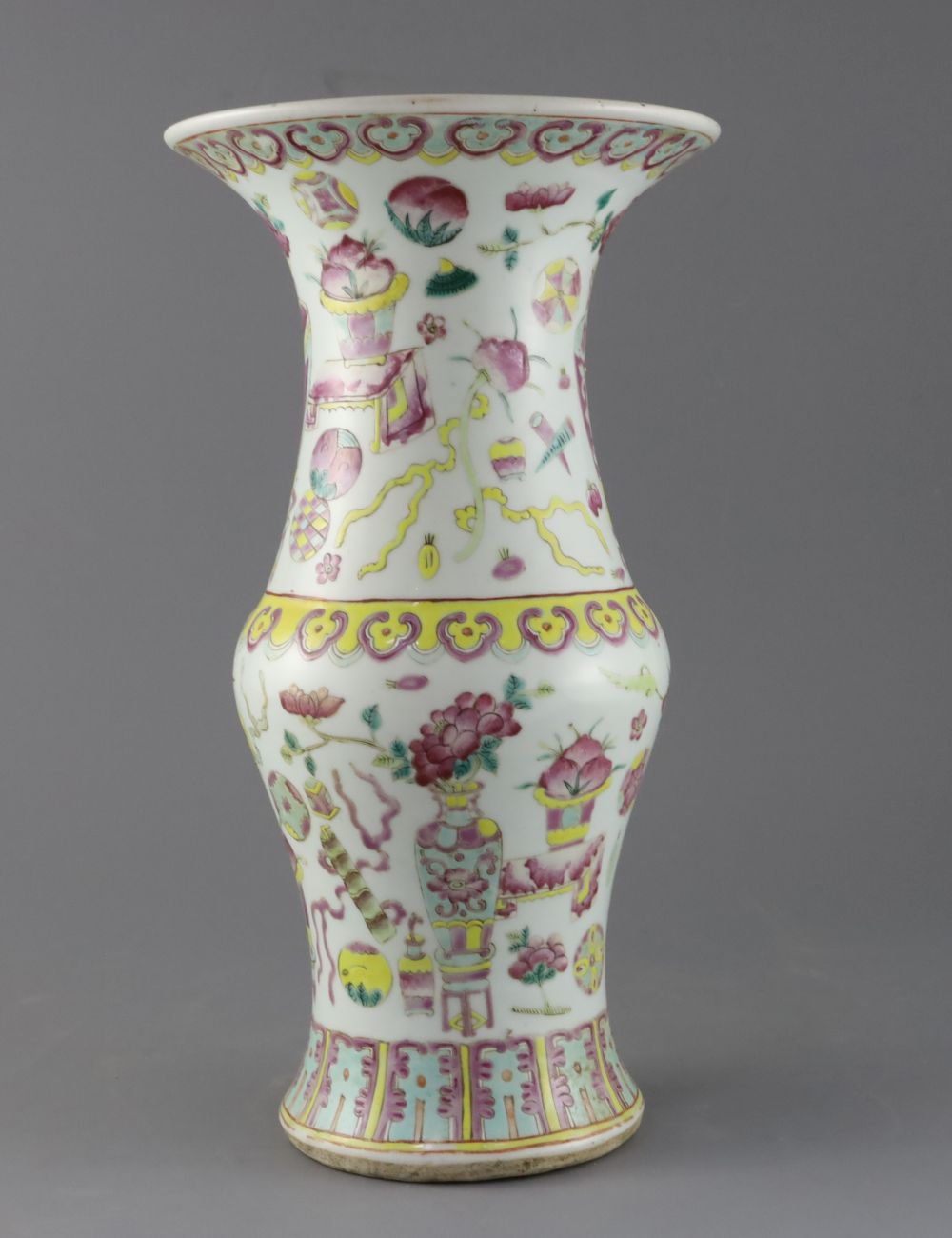 A Chinese famille rose hundred antiques vase, 19th century, H.37.5cm, drilled hole to base